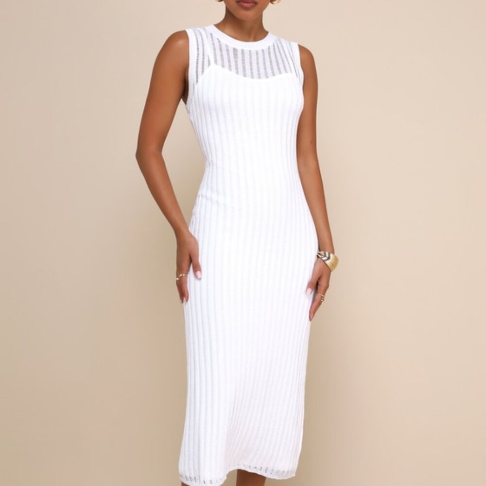 Lulus Effortlessly Sultry White Ribbed Knit Bodycon Midi Dress - Size L